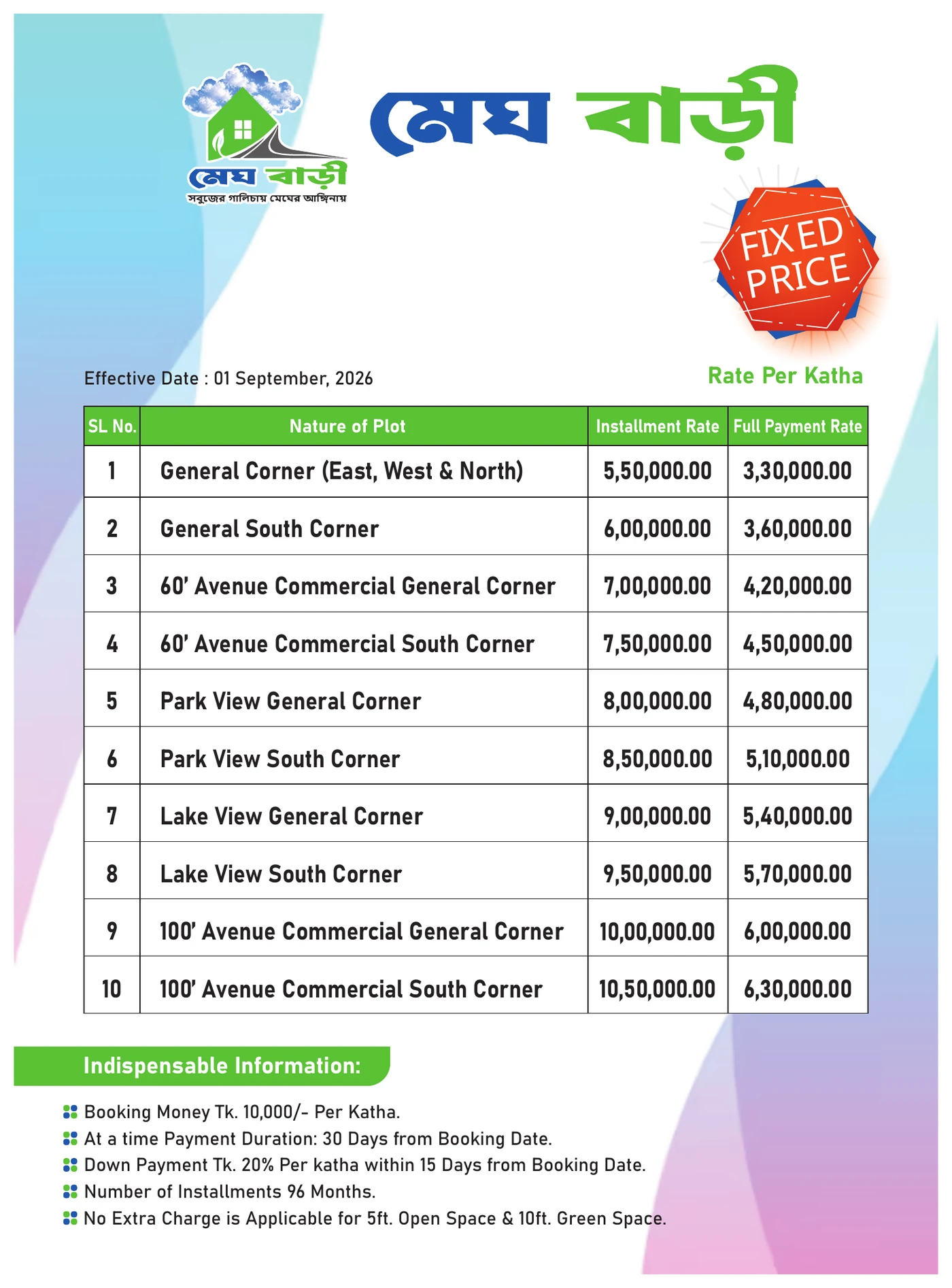Megh Bari plot price list September 2026